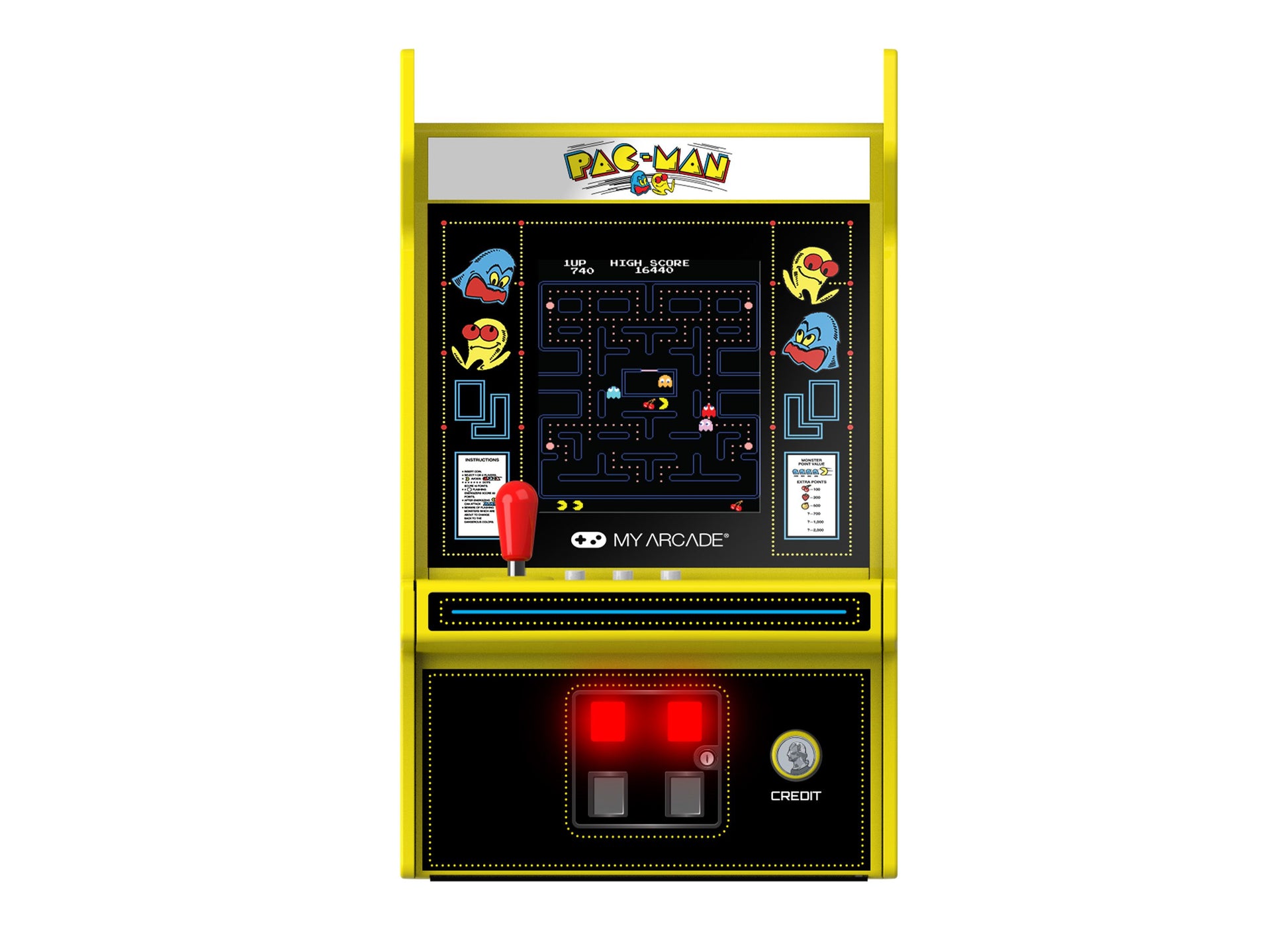 My Arcade Micro Player Pro Pac-Man portable retro arcade game with yellow cabinet and red joystick