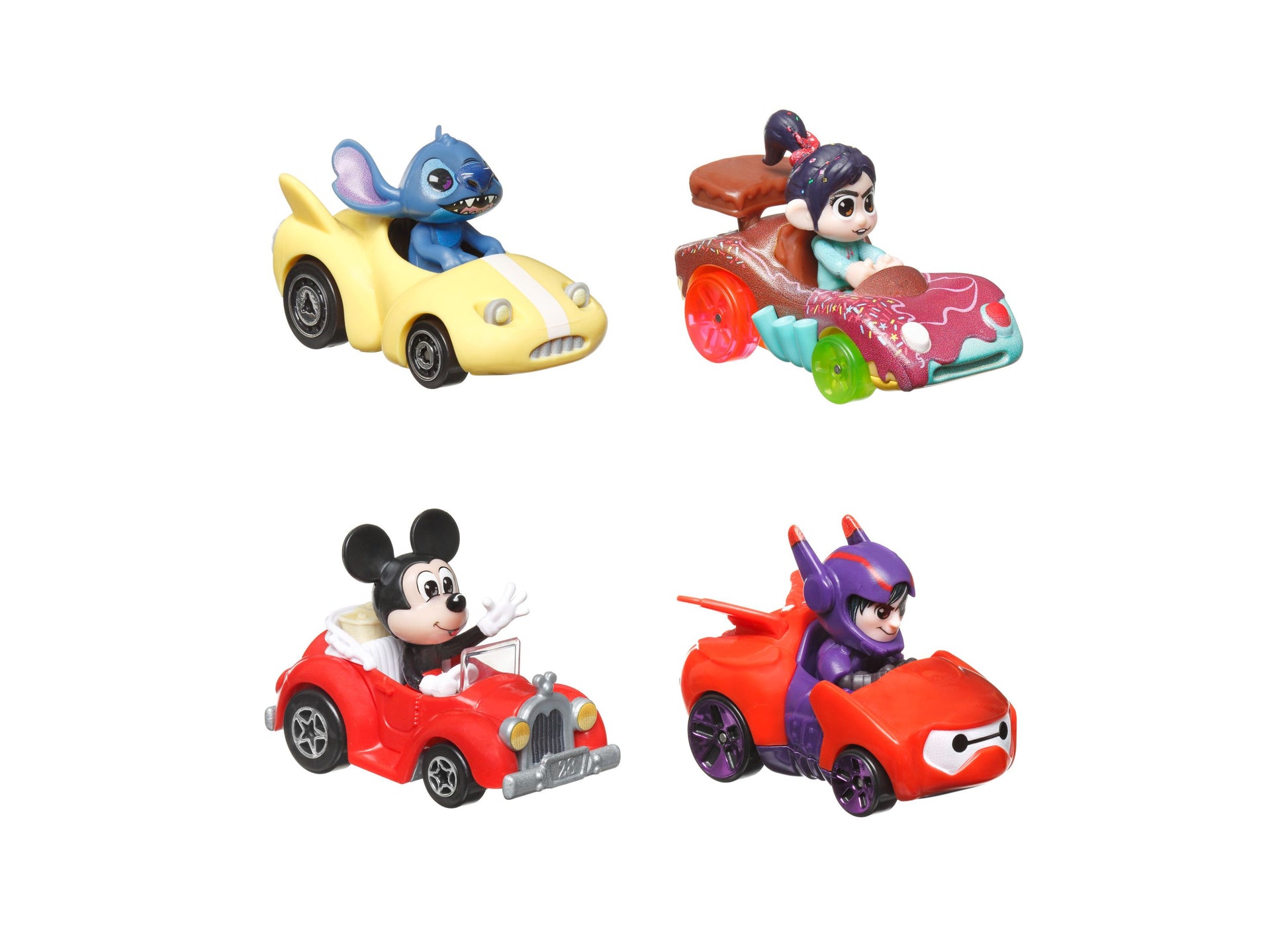 Four Hot Wheels die-cast cars with Disney characters: blue alien in yellow car, dark-haired girl in pink car, Mickey Mouse in red classic car, and purple-masked