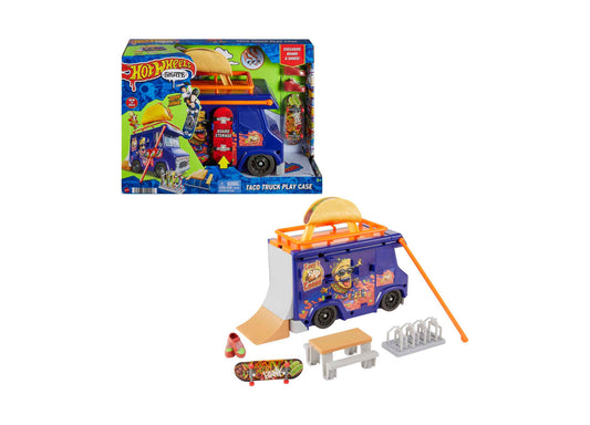 Hot Wheels Skate Taco Truck Play Case with purple food truck, golden taco roof element, orange skateboard ramp, fingerboard, skate shoes, bench, and ramp access