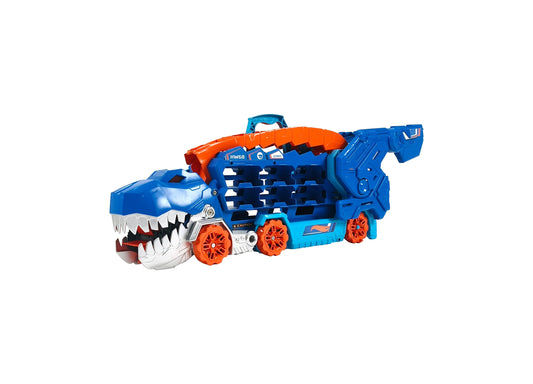 Blue and orange T-Rex dinosaur vehicle with opening jaw, orange wheels, and top-loading storage for toy cars