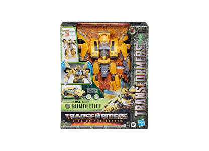 Transformers Rise of the Beasts Bumblebee 10-inch triple changer action figure in yellow and black robot mode with ve...