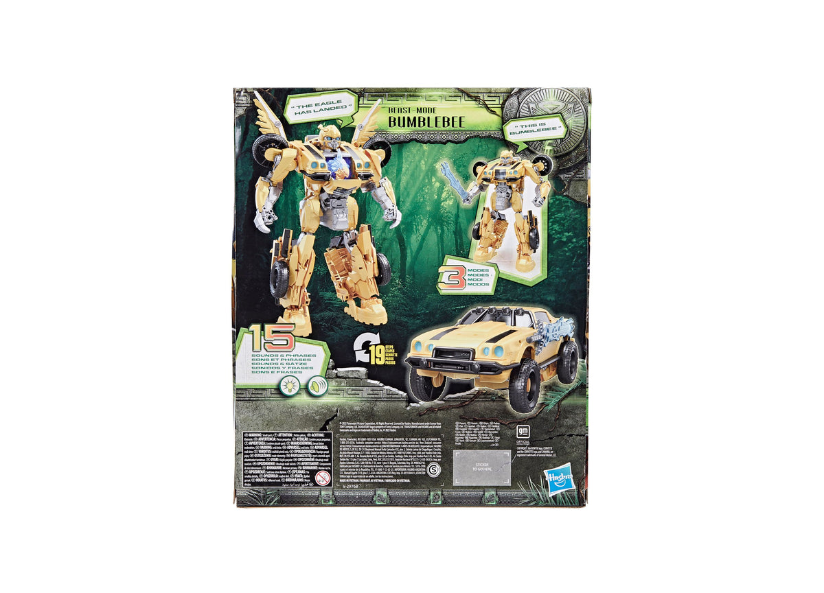 Transformers Rise of the Beasts Bumblebee 10-inch triple changer action figure in gold and blue, shown in robot mode ...