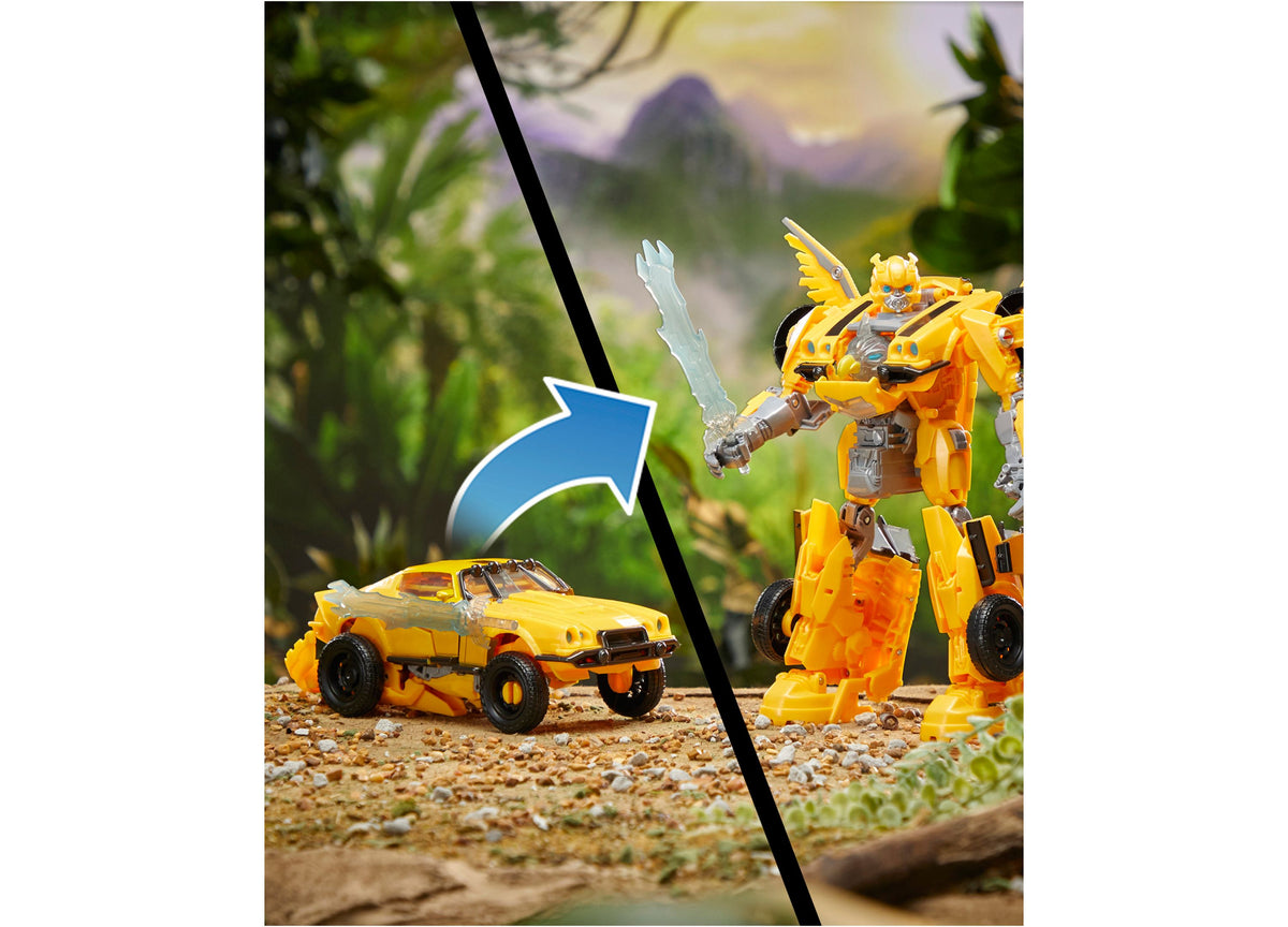 Transformers Bumblebee 3-in-1 action figure in yellow and orange, shown in robot and vehicle modes with sword accessory