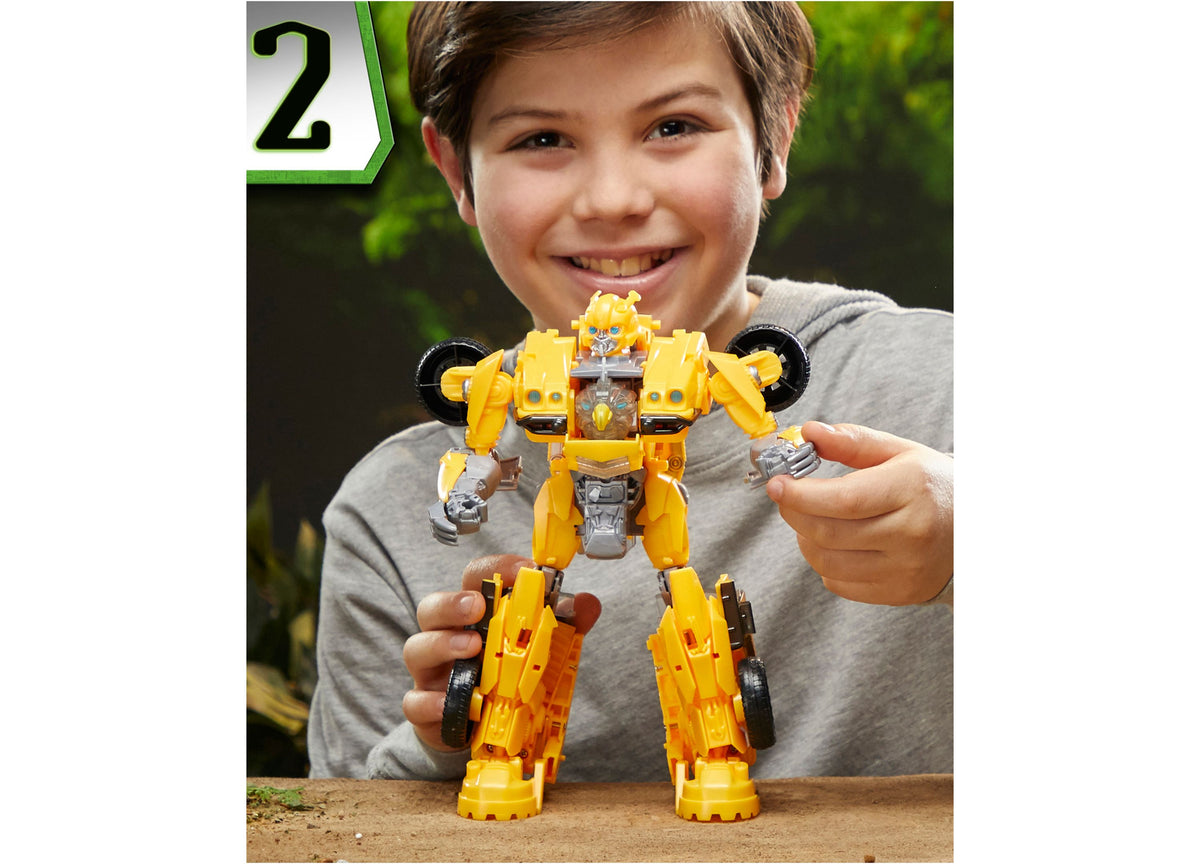 Transformers Rise of the Beasts 10-Inch Triple Changer Bumblebee 3-in-1 Action Figure in yellow robot mode