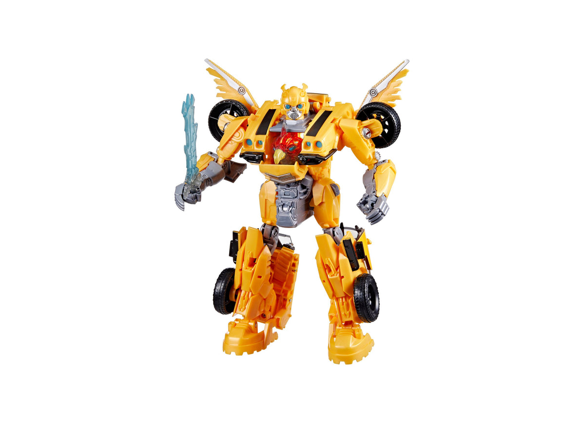 Transformers Rise of the Beasts 10-Inch Triple Changer Bumblebee 3-in-1 Action Figure in yellow robot mode with wings...