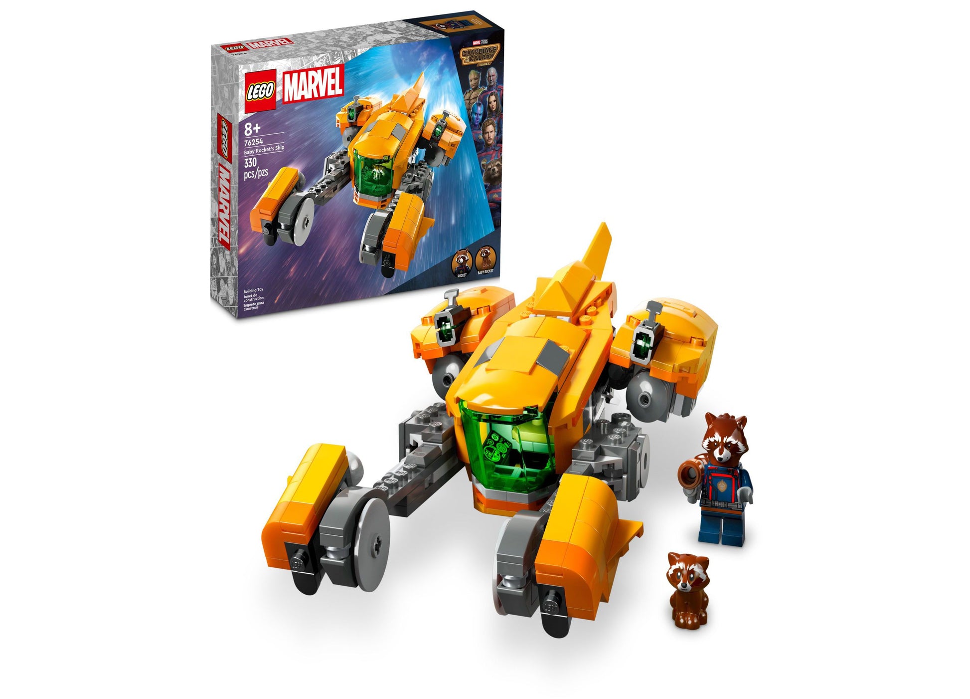 LEGO Marvel Guardians of the Galaxy Baby Rocket's Ship building set with yellow and orange spacecraft, two minifigures, and small raccoon figure