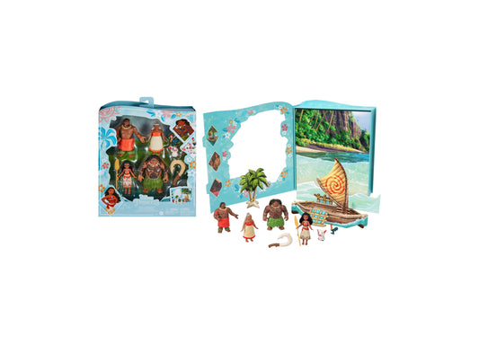 Disney Princess Moana 6-Piece Classic Storybook Adventure Set with character figurines, ocean backdrop, sailboat, and accessories on plain background