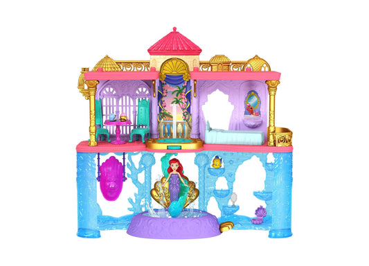 Disney Princess Ariel's Land & Sea Castle playset with two-level palace featuring pink and gold upper palace rooms, blue underwater lower level, mermaid doll fi
