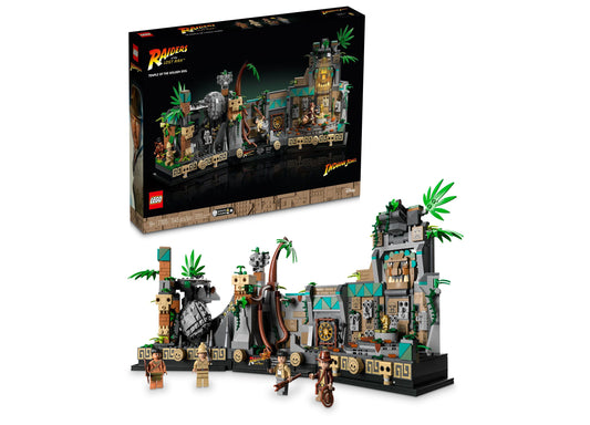LEGO Indiana Jones Temple of the Golden Idol building set with 1545 pieces, showing the assembled temple structure with green plants, multiple levels, and inclu