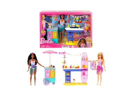 Barbie Beach Boardwalk Playset with two dolls, colorful beach-themed accessories including an umbrella, food cart, surfboard, and multiple play pieces