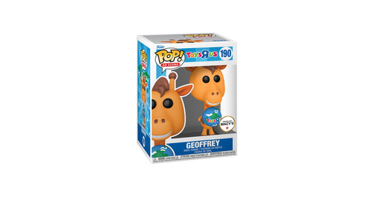 Funko POP Geoffrey vinyl figure #190 with orange head, brown horns, and blue globe, in branded window box