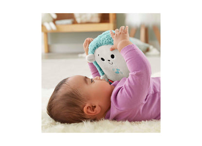 Fisher-Price Calming Vibes Hedgehog Soother plush toy with turquoise and white body held by baby in pink outfit