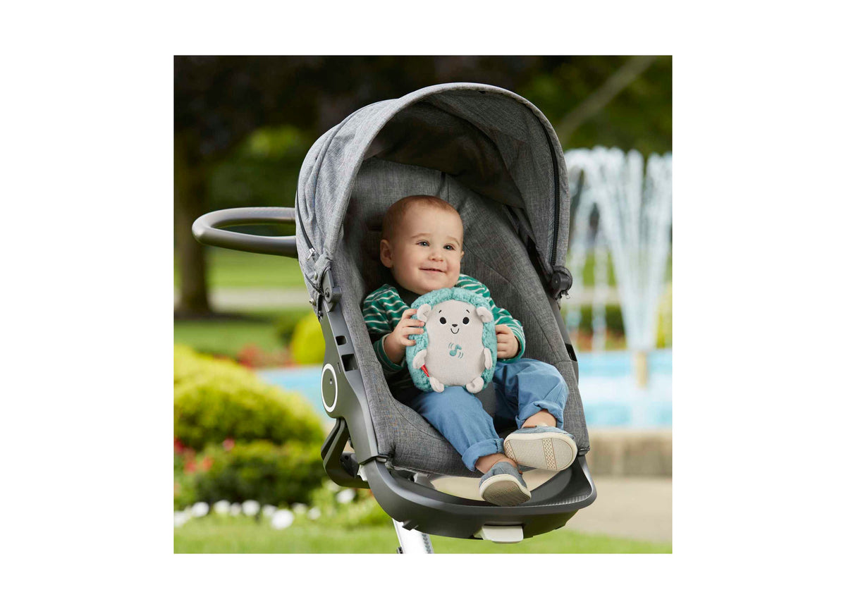 Fisher-Price Calming Vibes Hedgehog Soother plush toy held by smiling baby in stroller