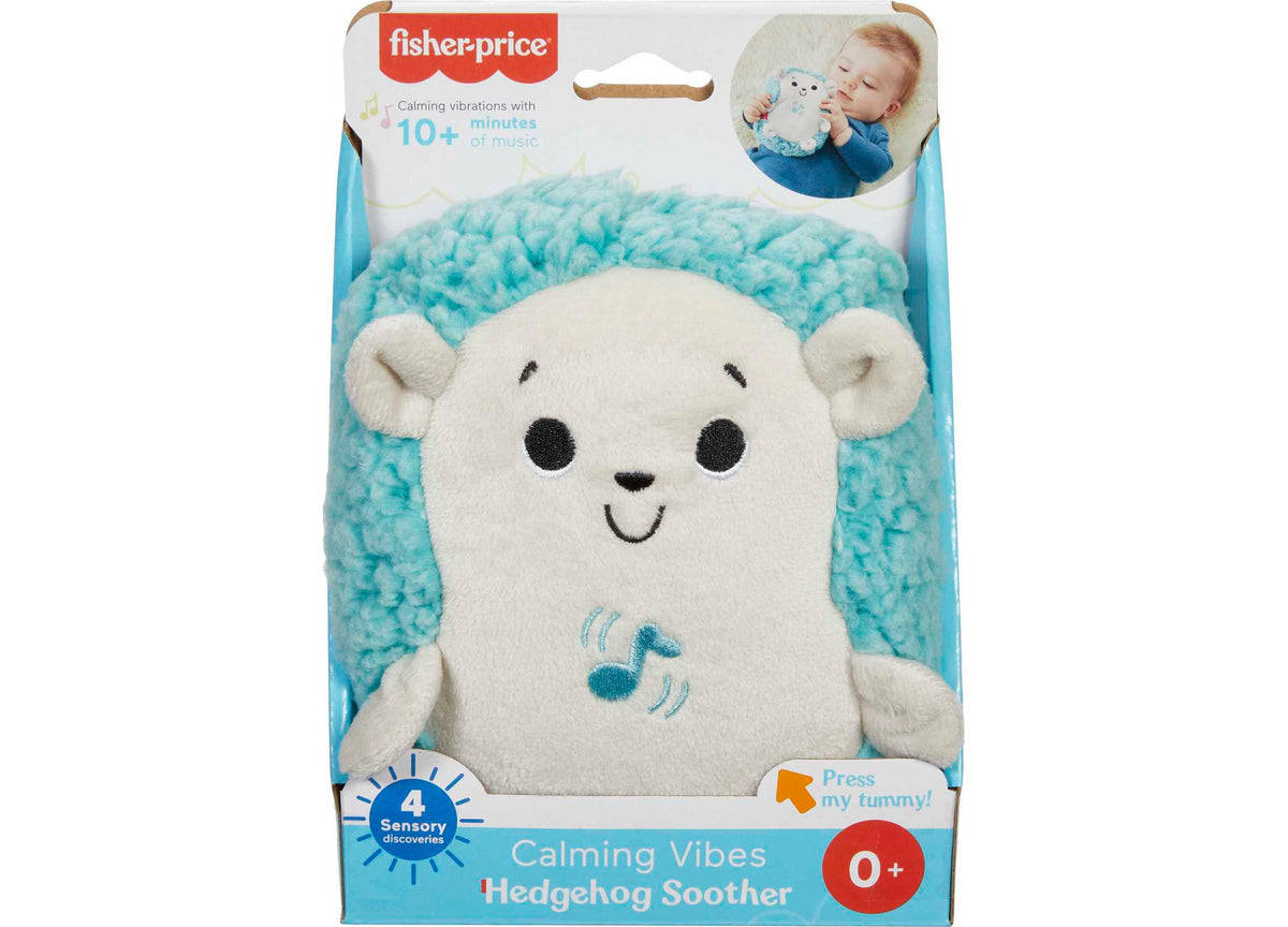 Fisher-Price Calming Vibes Hedgehog Soother plush toy with white face, cream ears, and turquoise textured back