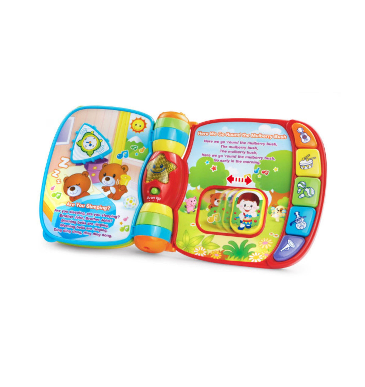VTech Musical Rhymes Book interactive toy with blue and red pages, colorful buttons, and light-up star feature for to...
