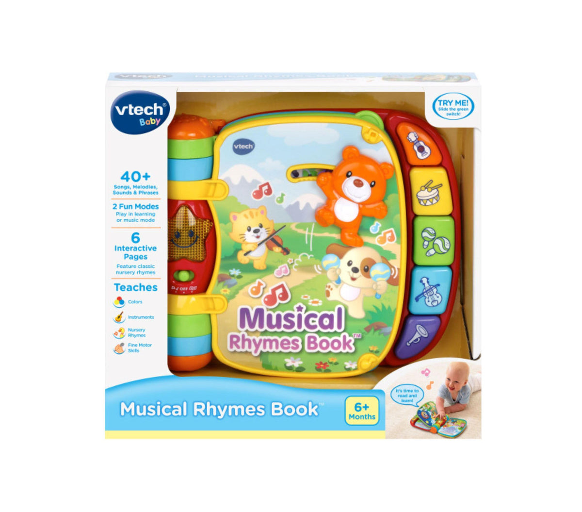 VTech Musical Rhymes Book interactive toy with colorful pages, orange bear character, and rainbow-colored side button...