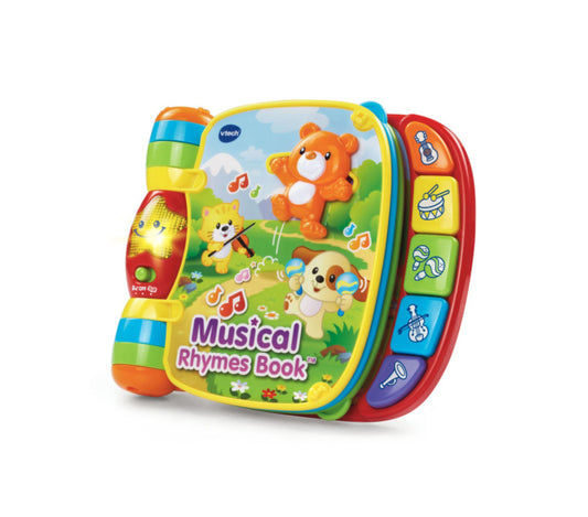 VTech Musical Rhymes Book with colorful pages, orange bear and puppy characters, piano keys, and light-up star