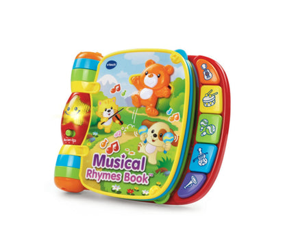 VTech Musical Rhymes Book interactive toy with colorful pages, orange bear character, and side buttons in red, yellow...