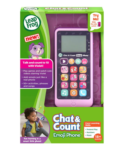 VTech Chat & Count Emoji Phone in violet pink with numbered emoji buttons and Violet character on packaging