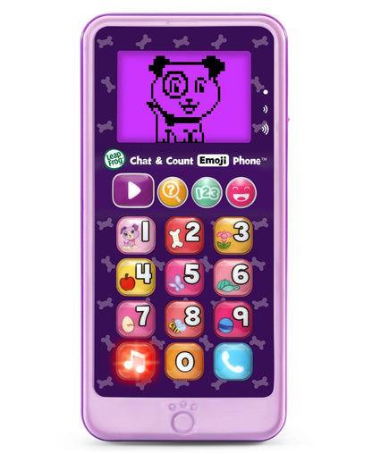 VTech Chat & Count Emoji Phone in violet with numbered buttons and emoji character display screen