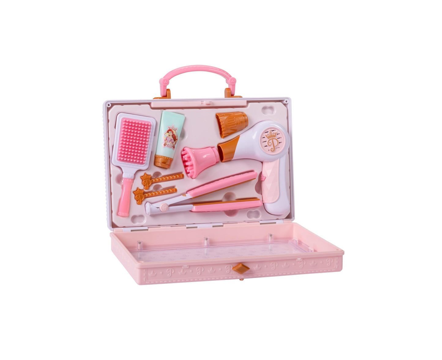 Pink carry case with Disney Princess hair styling accessories including brush, comb, hair clips, blow dryer, curling iron, and grooming tools organized in molde
