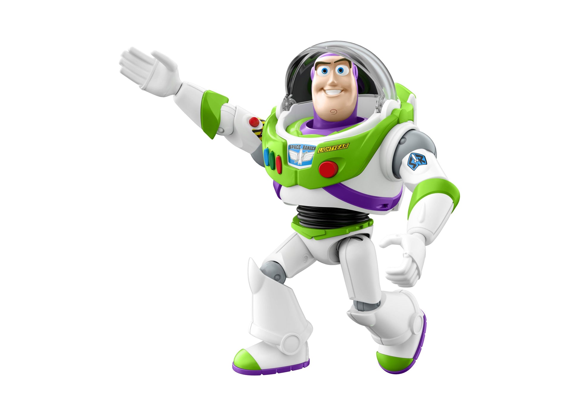 Buzz Lightyear action figure with green, white and purple suit, articulated joints, and karate chop motion feature