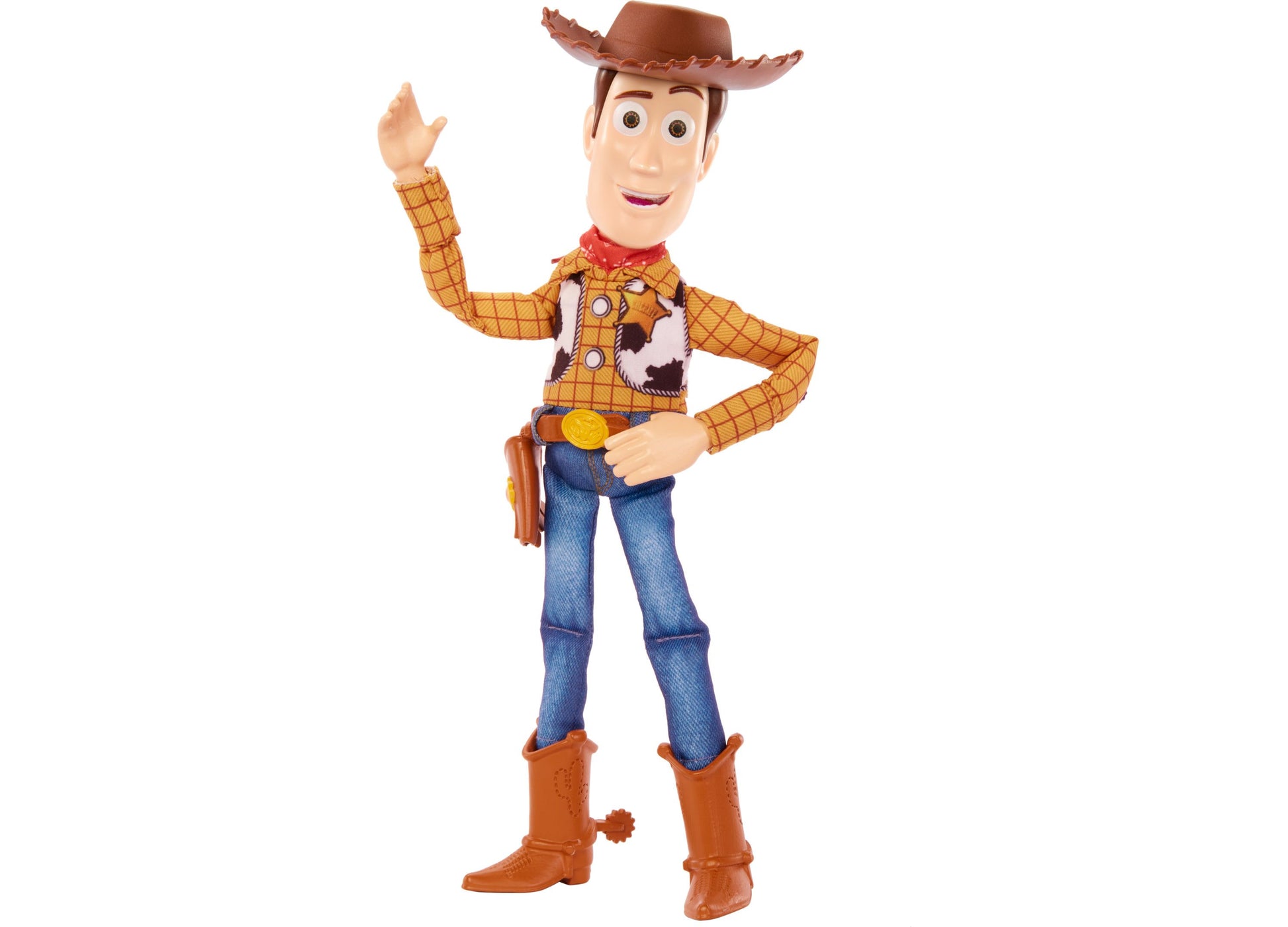 Disney Pixar Toy Story Woody 12-inch talking figure with yellow plaid shirt, cow print vest, and cowboy hat