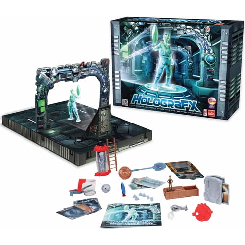 Holografx interactive hologram playset with illuminated display platform, included accessories, and instruction manual