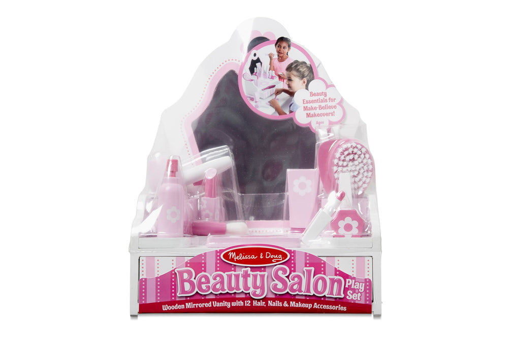 Melissa & Doug Beauty Salon Play Set with pink wooden vanity, mirror, and accessories