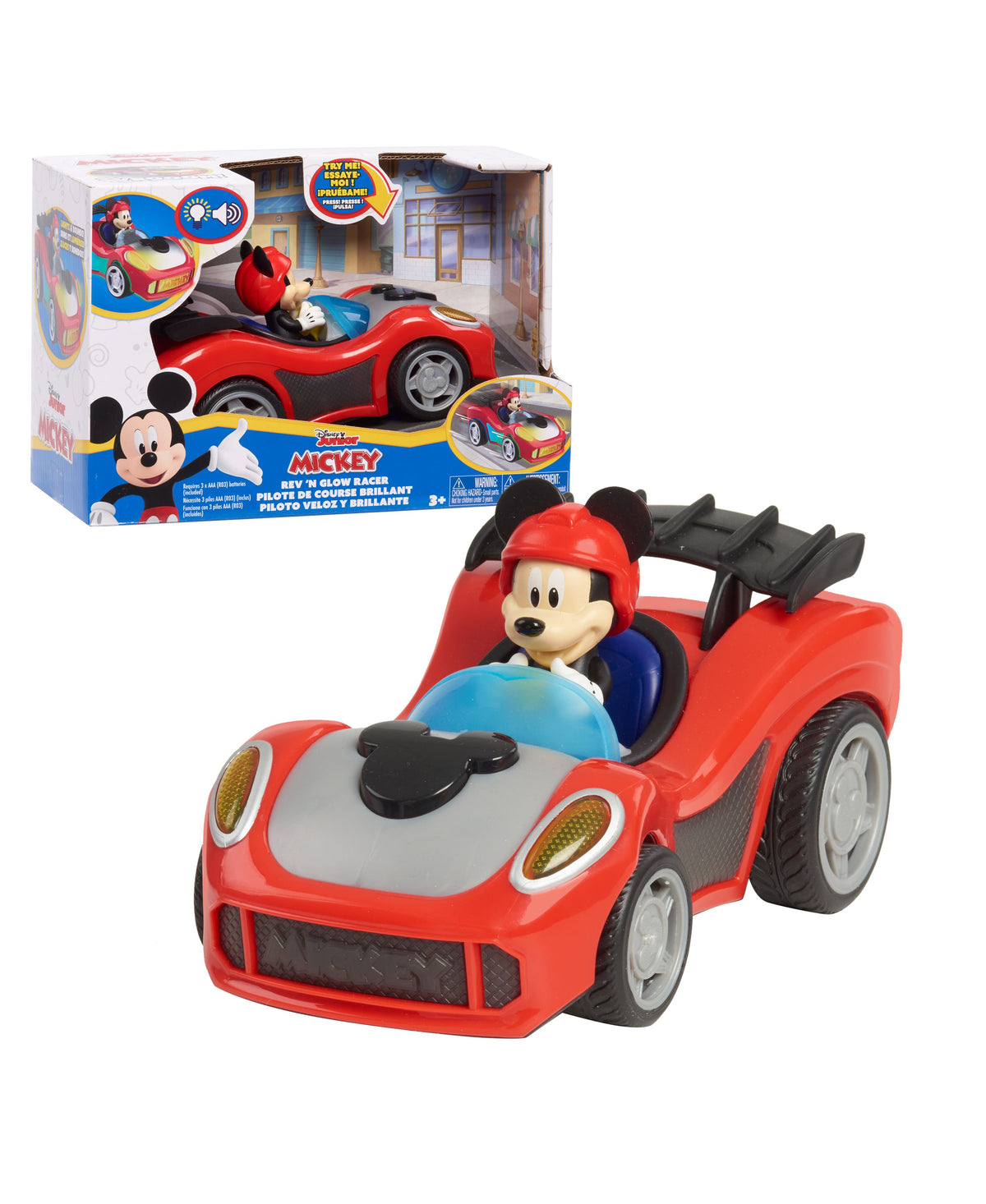 Disney Junior Mickey Mouse Rev 'N Glow Racer red car with Mickey figure in driver's seat, featuring lights and sounds