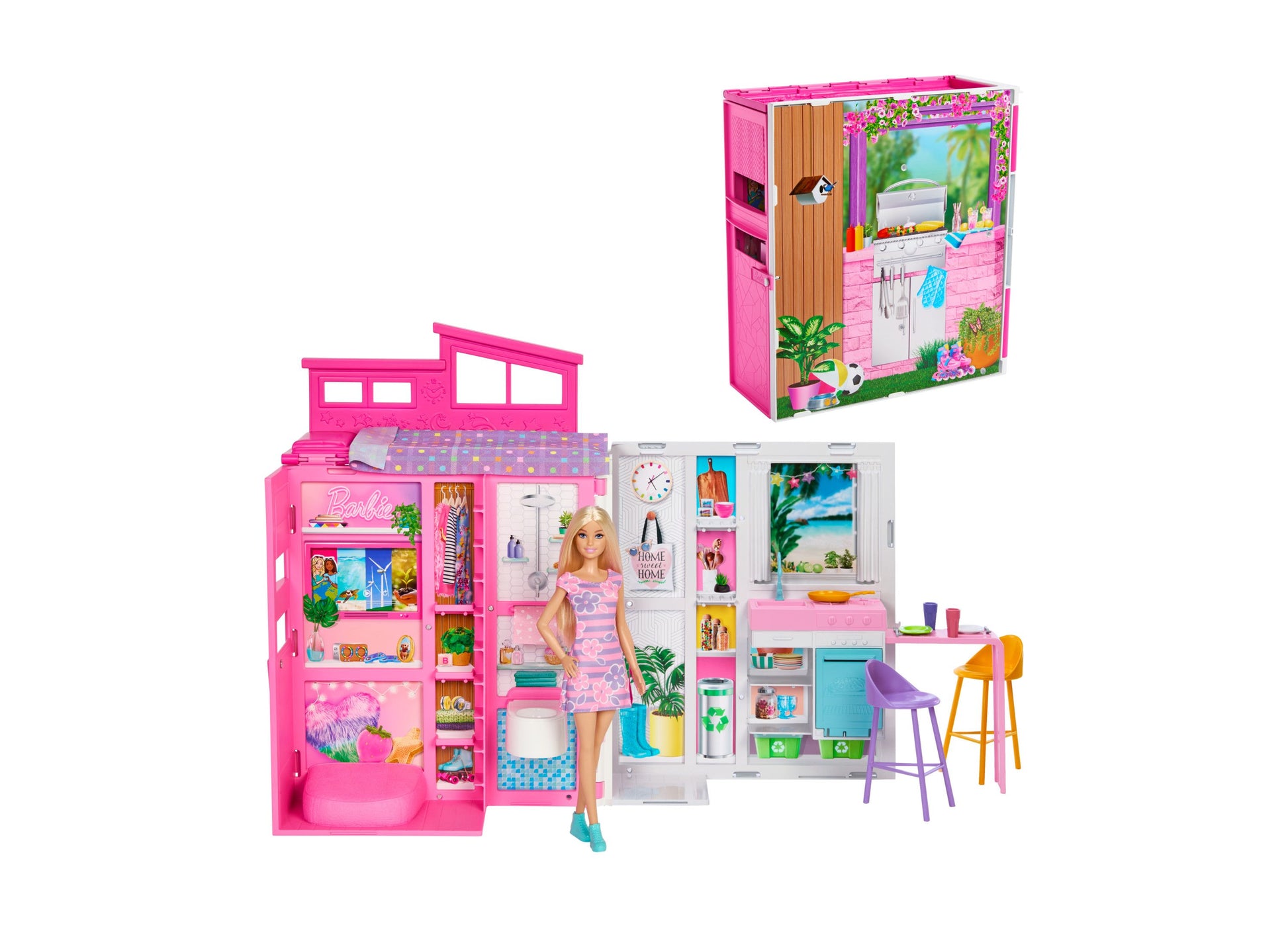 Barbie Getaway Doll House pink playset with Barbie doll and accessories