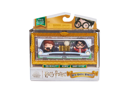 Harry Potter Micro Magical Moments Year 2 Flying Car set with Harry, Ron, and Hedwig figures in gold-framed display case