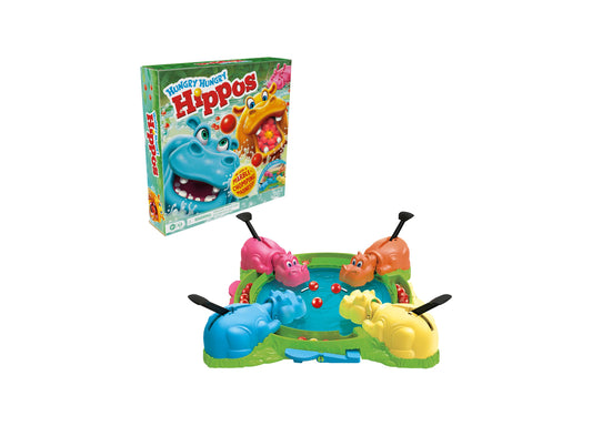 Hungry Hungry Hippos Family Board Game box and gameplay board with four colorful hippos in blue, pink, orange, and ye...