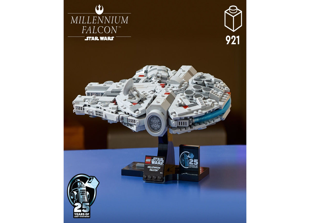 LEGO Star Wars Millennium Falcon 25th Anniversary Display Model, 921 pieces, mounted on angled stand