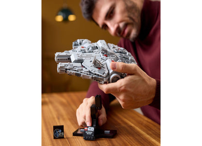 LEGO Star Wars Millennium Falcon 25th Anniversary Display Model, gray and white starship with stand