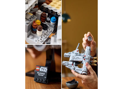 LEGO Star Wars Millennium Falcon 25th Anniversary set with white starship model, display stand, and nameplate