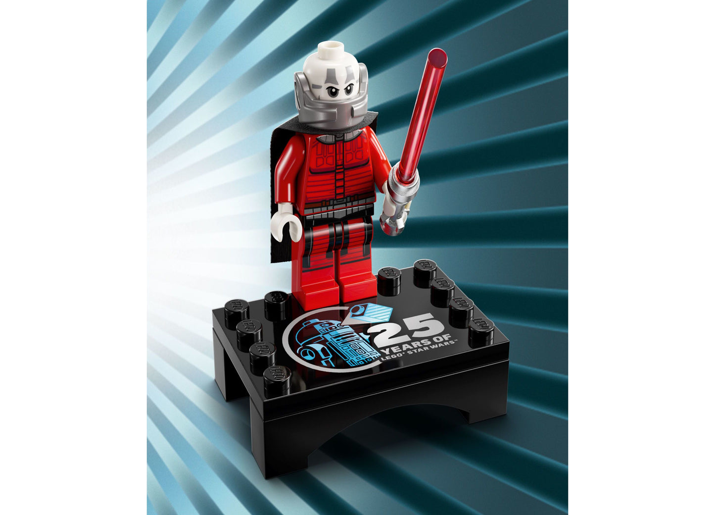 LEGO Star Wars R2-D2 Buildable Figure with red and white minifigure holding lightsaber on black display base