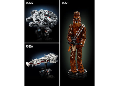 LEGO Star Wars Millennium Falcon 25th Anniversary Display Model Building Set with 921 pieces, shown assembled on angl...