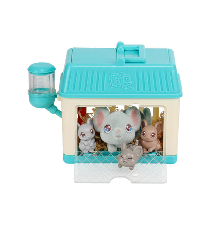 Little Live Pets turquoise carrying house with gray plush mouse and smaller animal figures visible through window, includes water bottle attachment