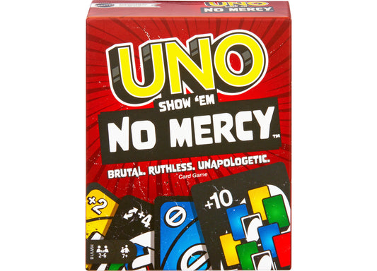 UNO Show 'Em No Mercy card game box with red background, yellow and black logo, and colorful game cards displayed