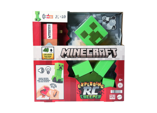Minecraft RC Exploding Creeper with remote control, green pixelated design, includes 10 explosive particles