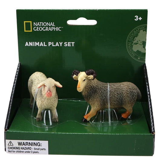 National Geographic Animal Play Set packaging showing two figurines: a white sheep and a brown ram with curved horns, on green display base