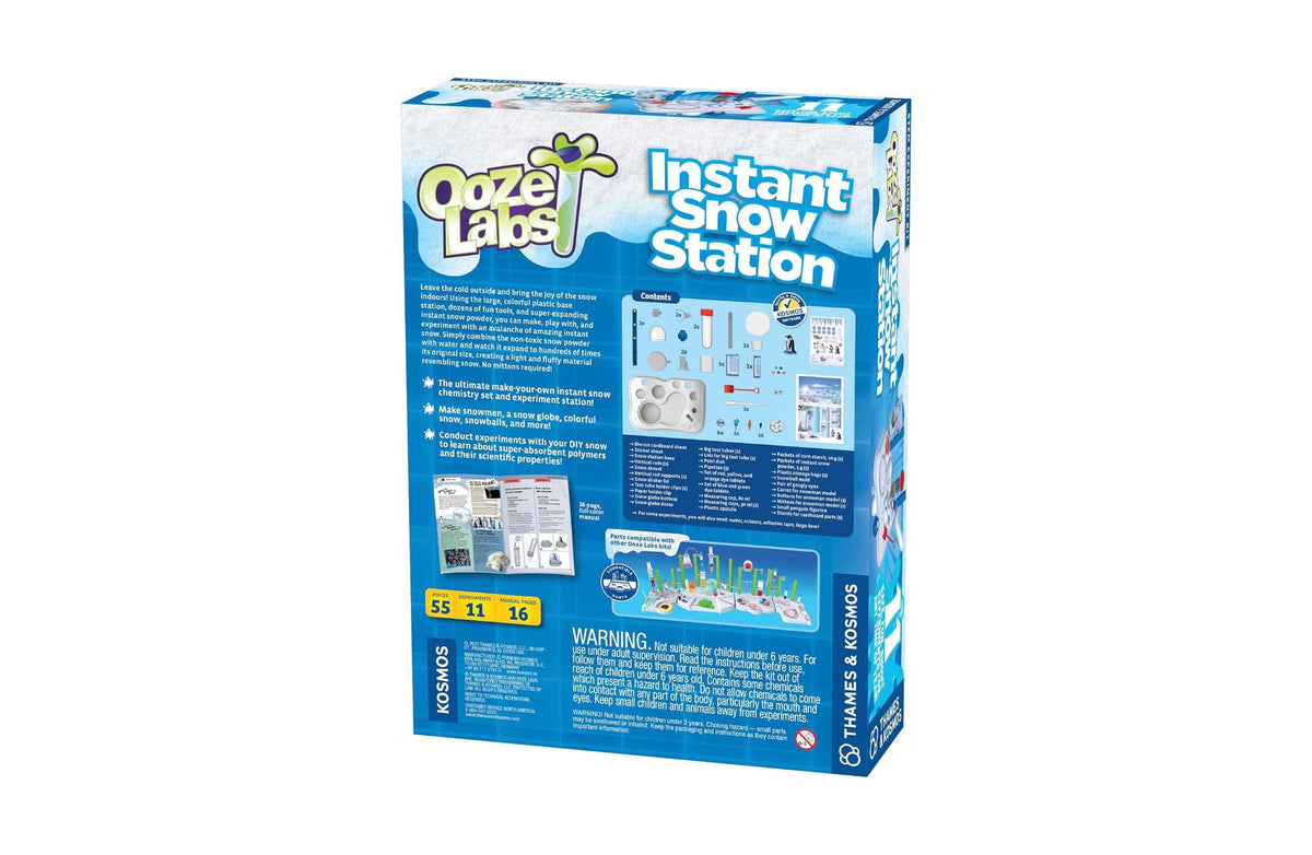 Thames and Kosmos Ooze Labs Instant Snow Station box with blue and white packaging showing snow-themed graphics and e...