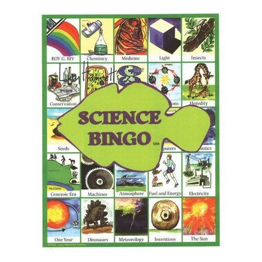 Science Bingo game board with green border featuring 25 illustrated squares covering topics like chemistry, medicine, insects, dinosaurs, electricity, and the s