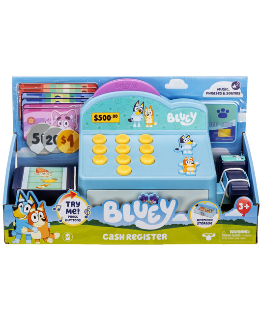 Bluey S11 Interactive Role Play Cash Register with blue design, yellow coins, character figures, and accessories for ...
