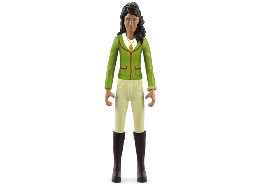 Action figure of a female character with long black hair, wearing a green jacket with burgundy trim, cream-colored pants, black boots, and a gold pendant neckla