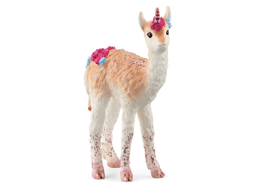 Schleich Bayala llamacorn figurine with cream and tan body, pink and blue mane, sparkly back, and speckled legs on plain background