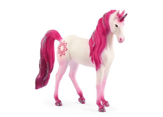 White unicorn figurine with hot pink mane and tail featuring glitter accents, pink hooves, and geometric marking on side