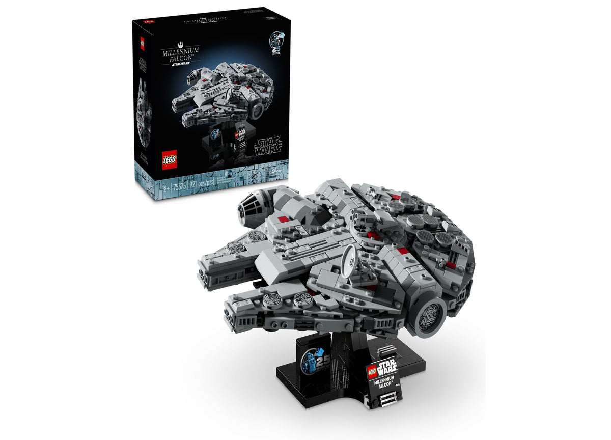 LEGO Star Wars Millennium Falcon 25th Anniversary Display Model, gray and black starship on angled stand with nameplate