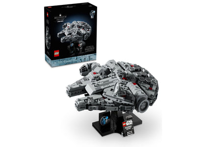 LEGO Star Wars Millennium Falcon 25th Anniversary Display Model, gray and black starship on angled stand with nameplate